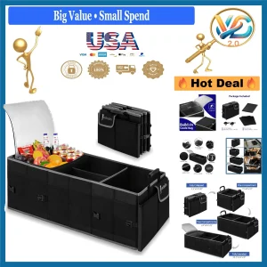 Black Trunk Organizer with Cooler Bag Car Storage Foldable Waterproof Heavy Duty